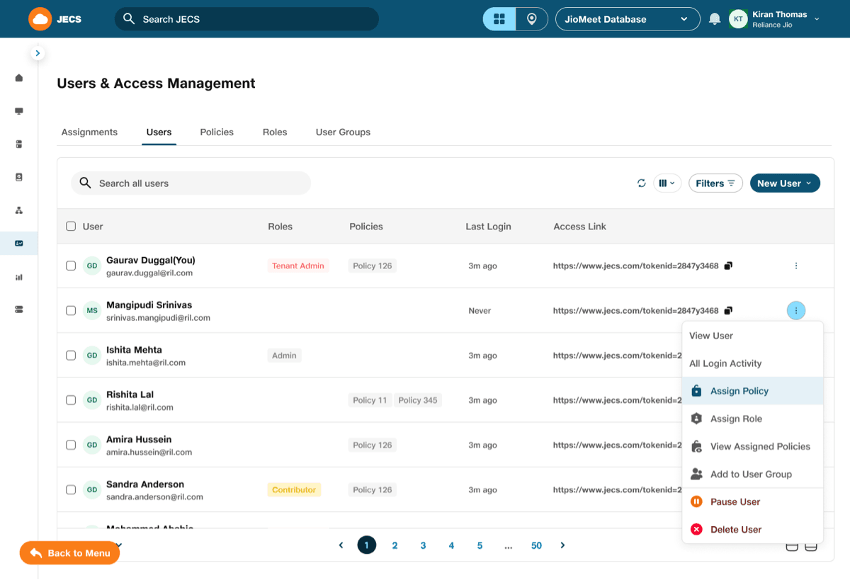 Users and Access Management table with actions for assigning policy, roles, and groups