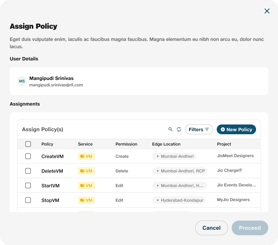 Assign Policy panel listing policies, services, permissions, locations, and projects