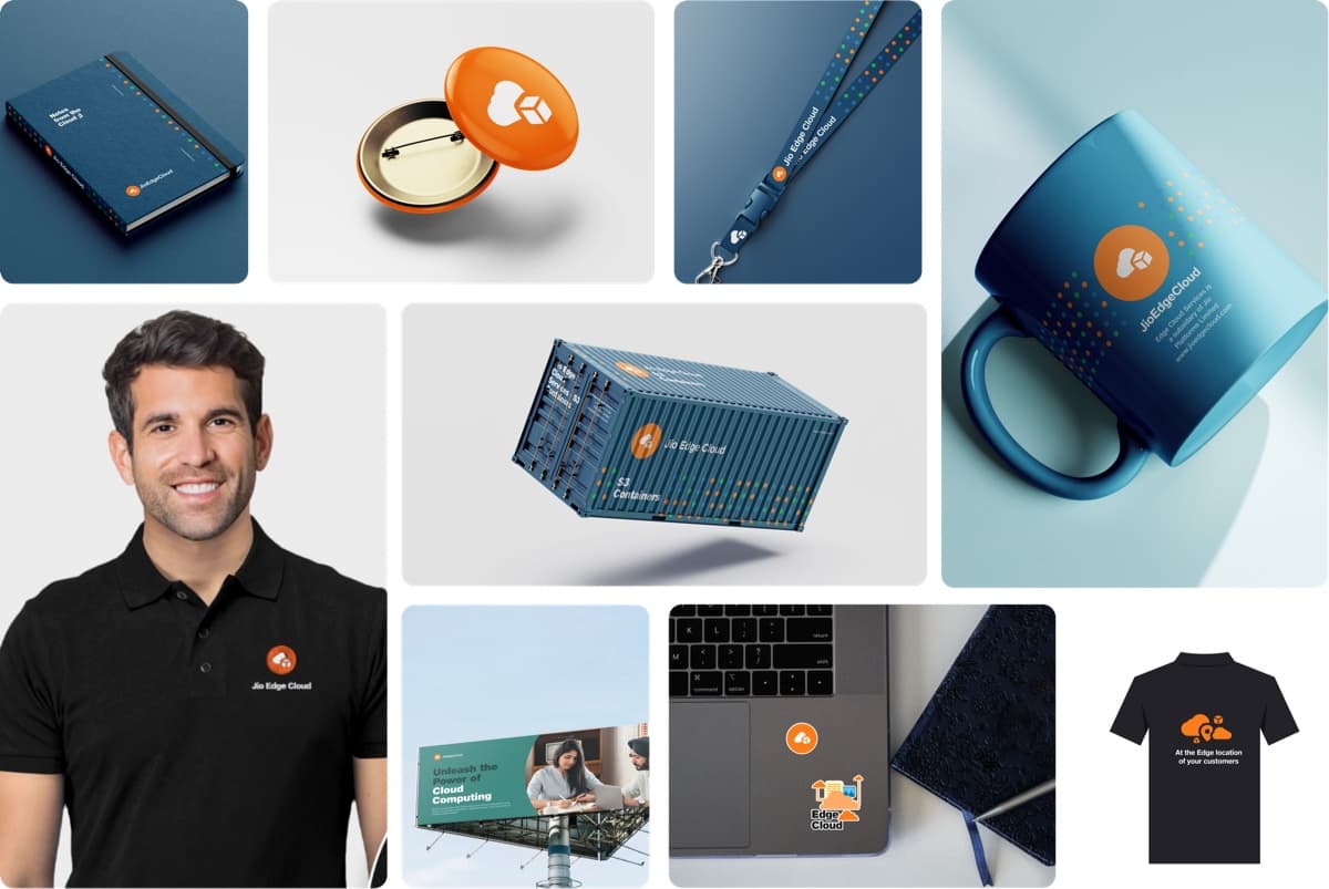 Jio Edge Cloud brand applications across devices, apparel, cards, and promotional material