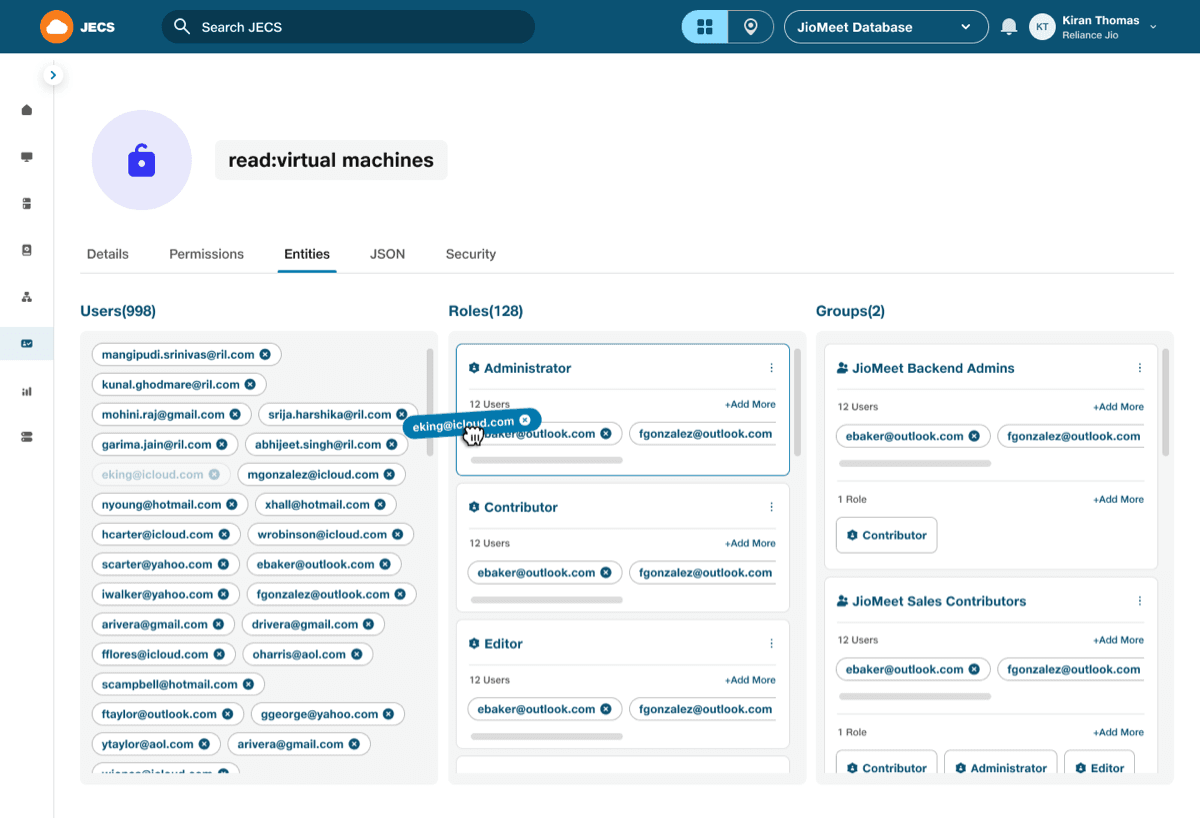 Entity details showing users, roles, and groups associated with a machine