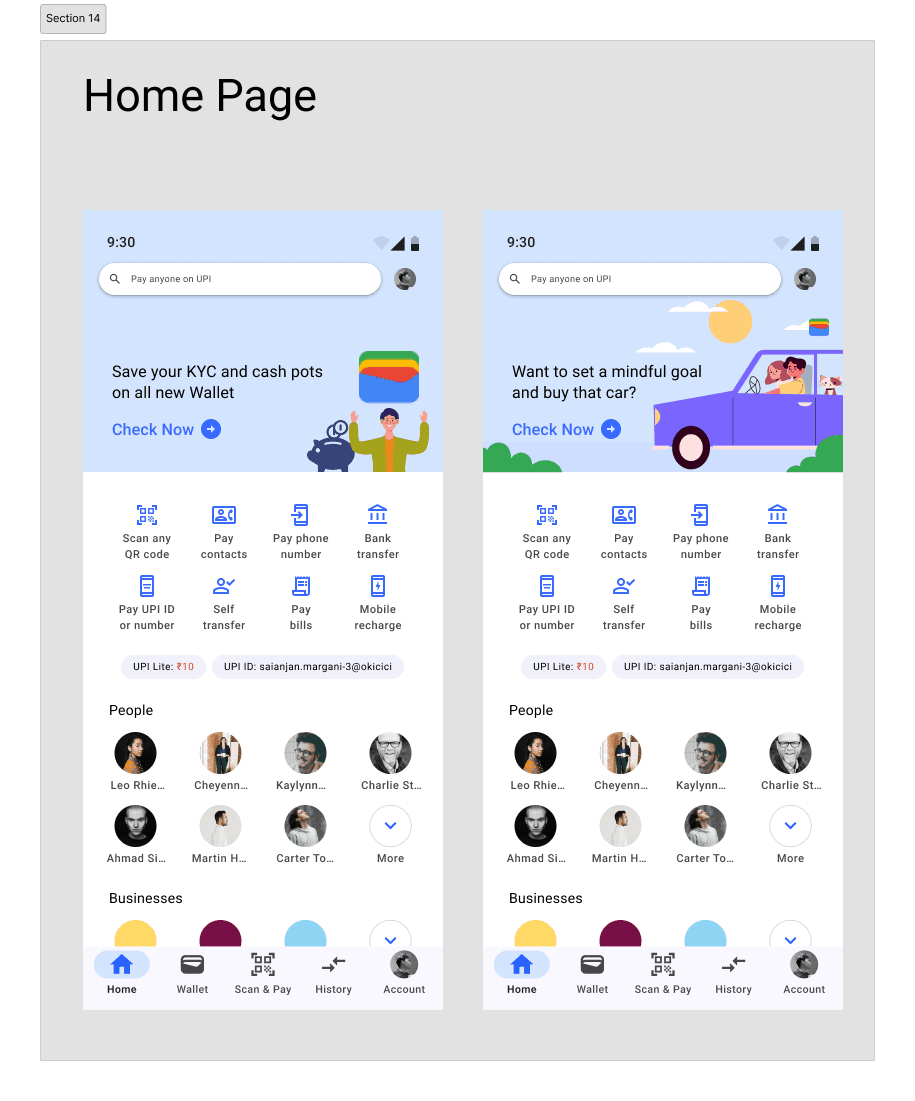 Two GPay home-page concepts introducing Wallet and mindful savings goals