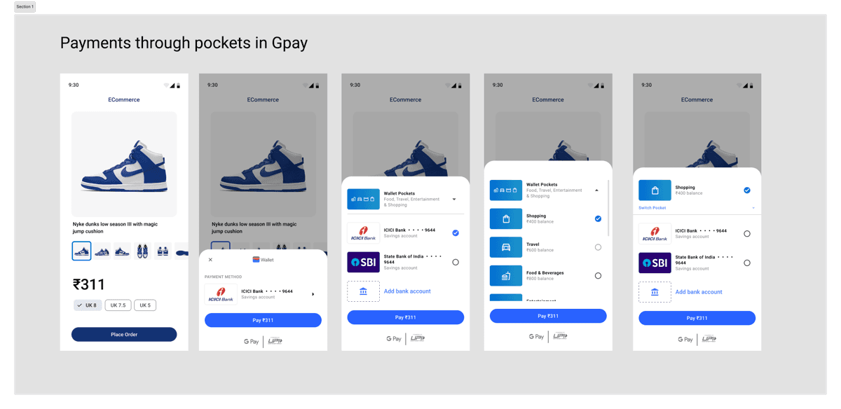 Ecommerce checkout flow switching the payment source from a bank account to a shopping pocket