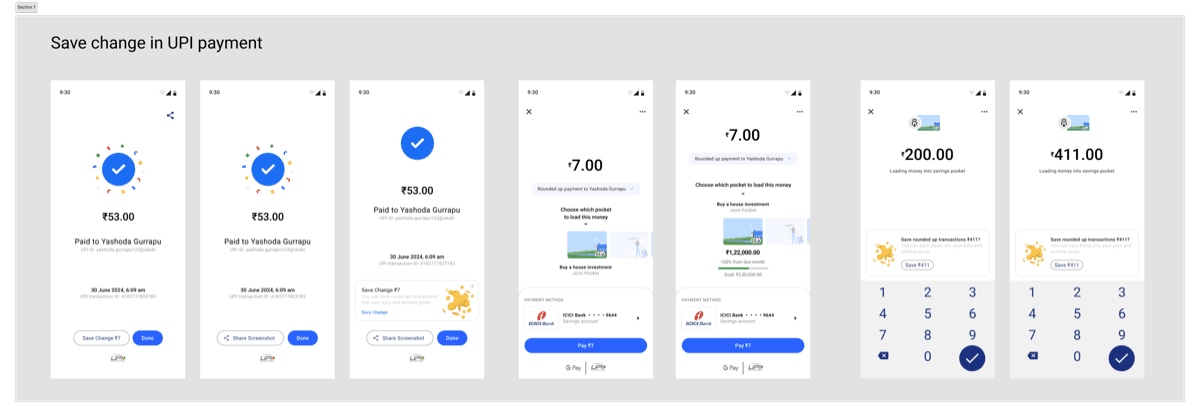 Post-payment flow for saving rounded spare change into a selected GPay pocket