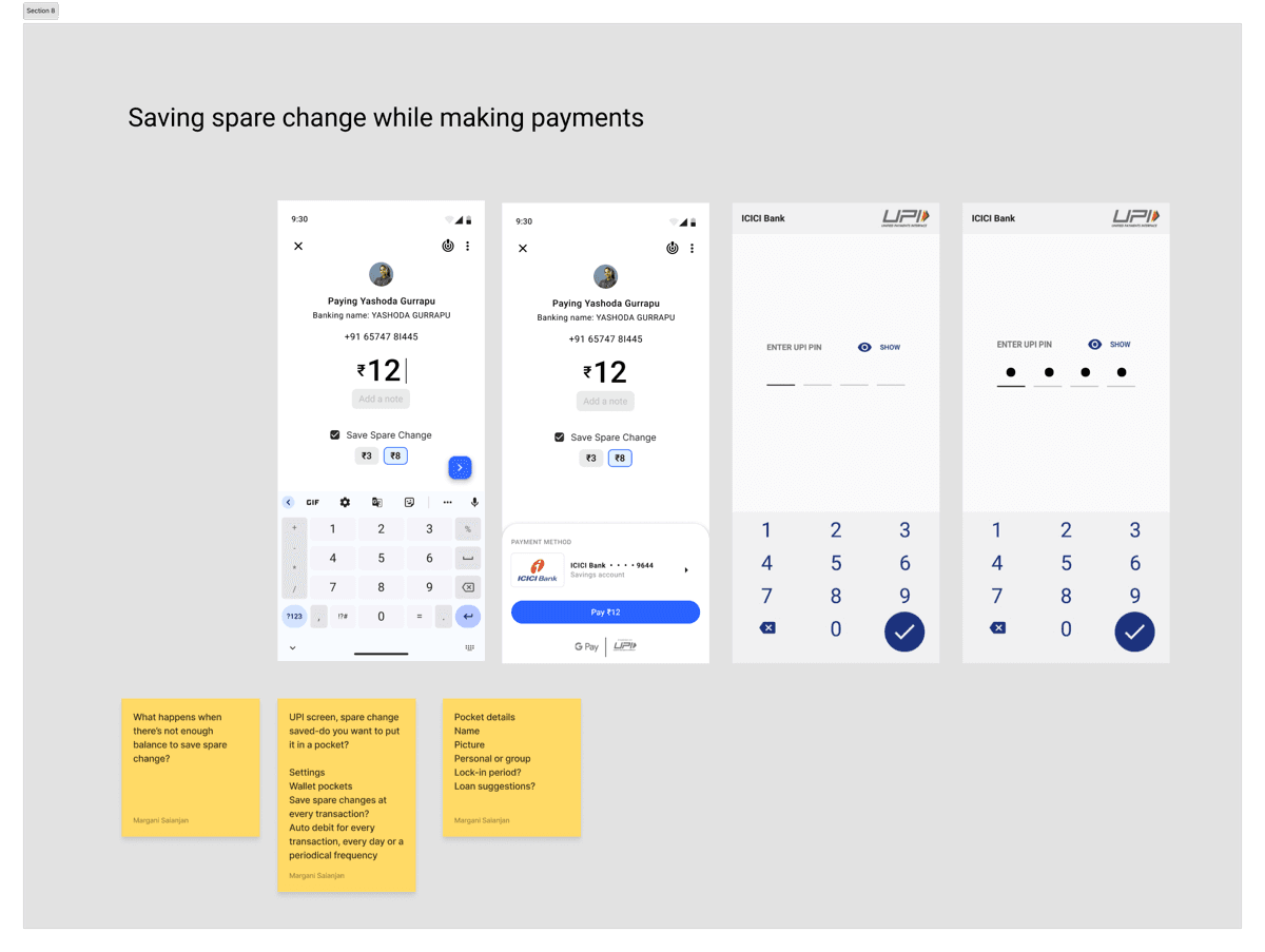 UPI payment flow that adds a chosen spare-change amount before PIN confirmation