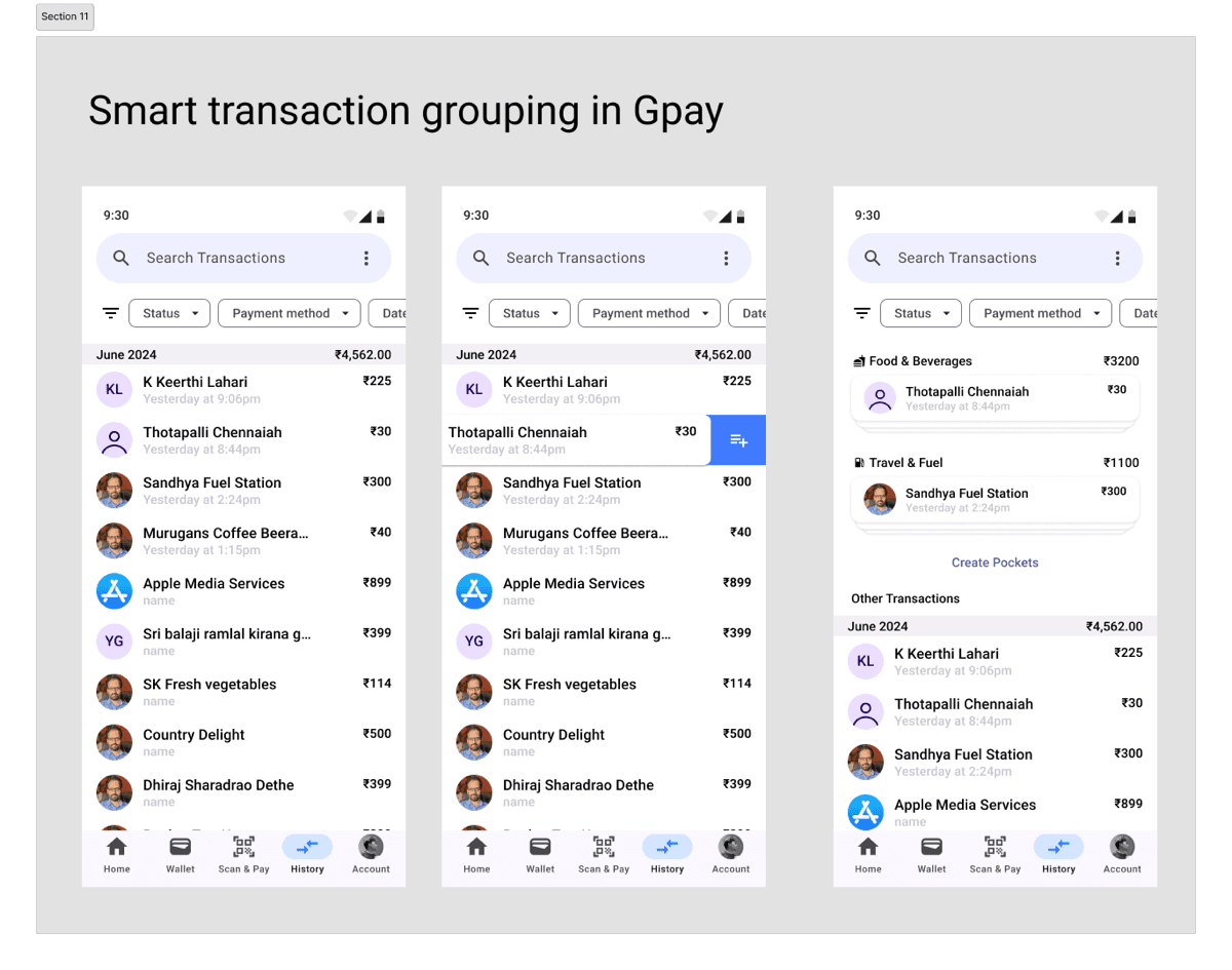 GPay transaction history being grouped into food, travel, and other categories