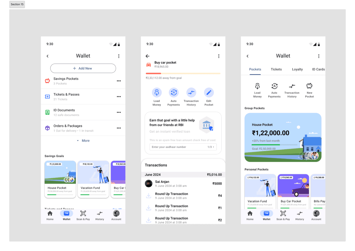 GPay Wallet concepts for category navigation, a savings goal, and personal and group pockets