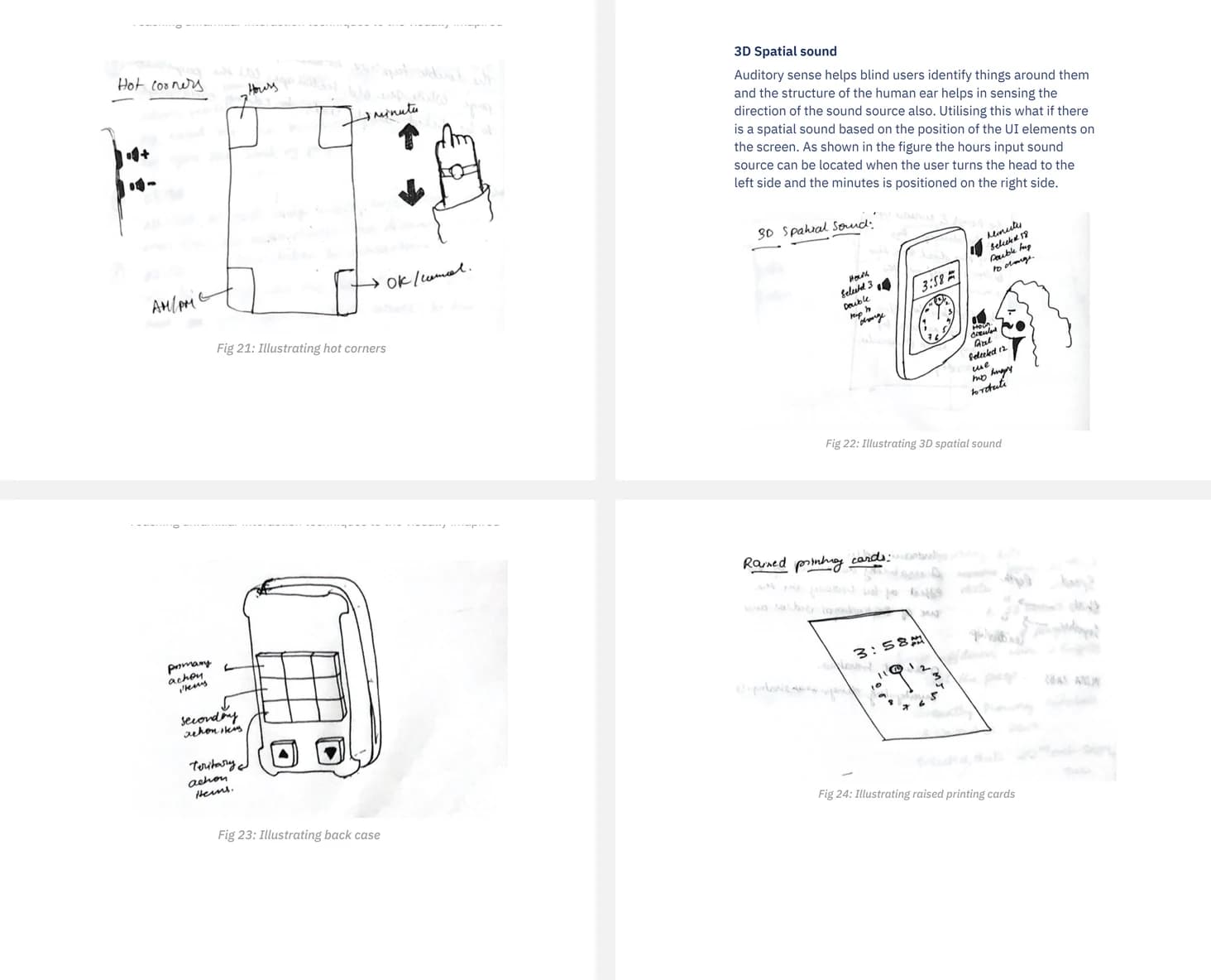 Sketches exploring hot corners, spatial sound, a tactile phone case, and raised printing cards