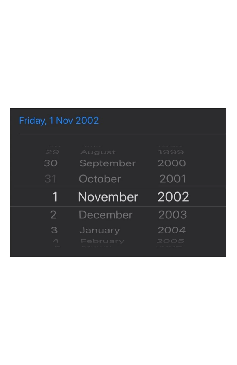 Date picker with separate fisheye dials for day, month, and year