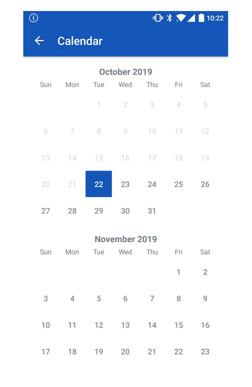 Travel date picker with months arranged in a vertical list