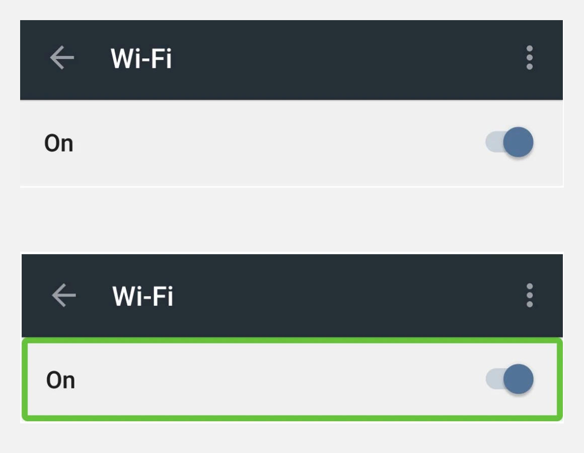 The same Android Wi-Fi switch shown visually and with TalkBack focus