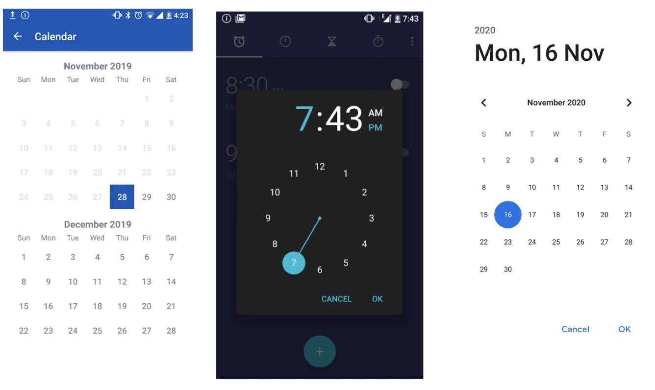 Date and time picker interfaces used during the participant study