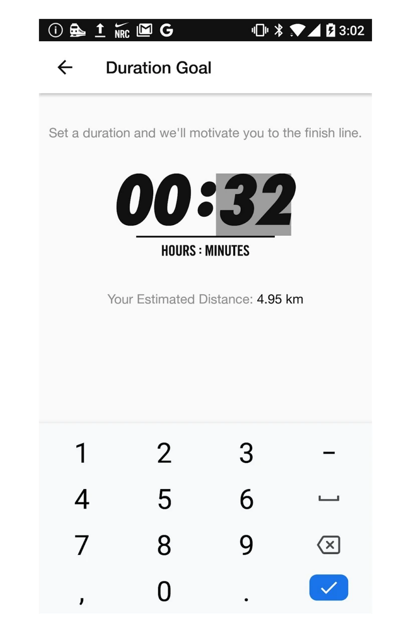 Numeric time picker used in the Nike Running Club application
