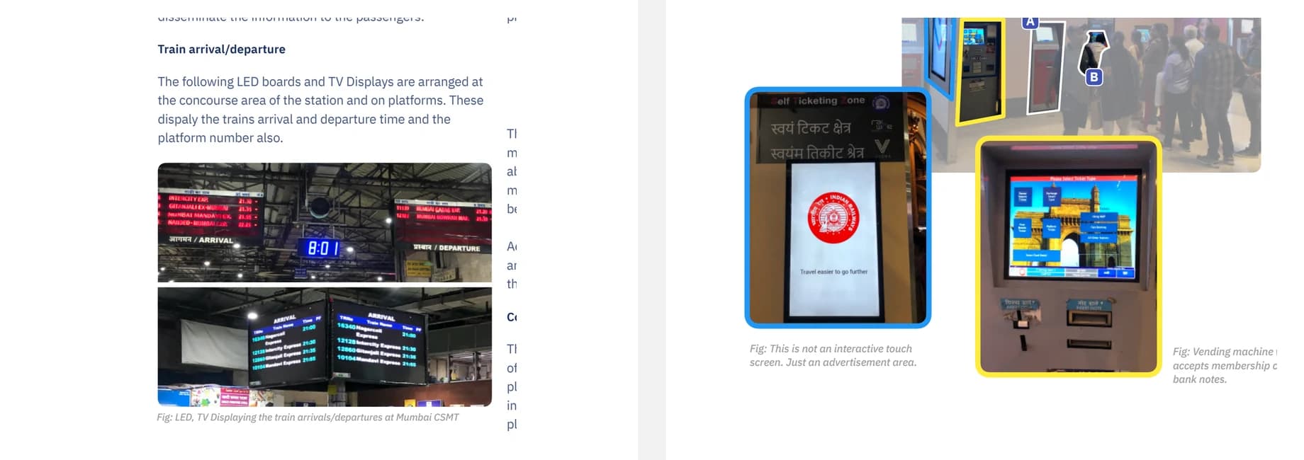 Railway arrival displays and self-ticketing machines documented during station research